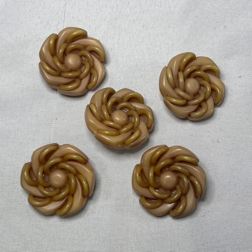 Vintage 30mm Tan Swirl Rosette Shank Buttons Set of 5 Caramel Brown Floral Large